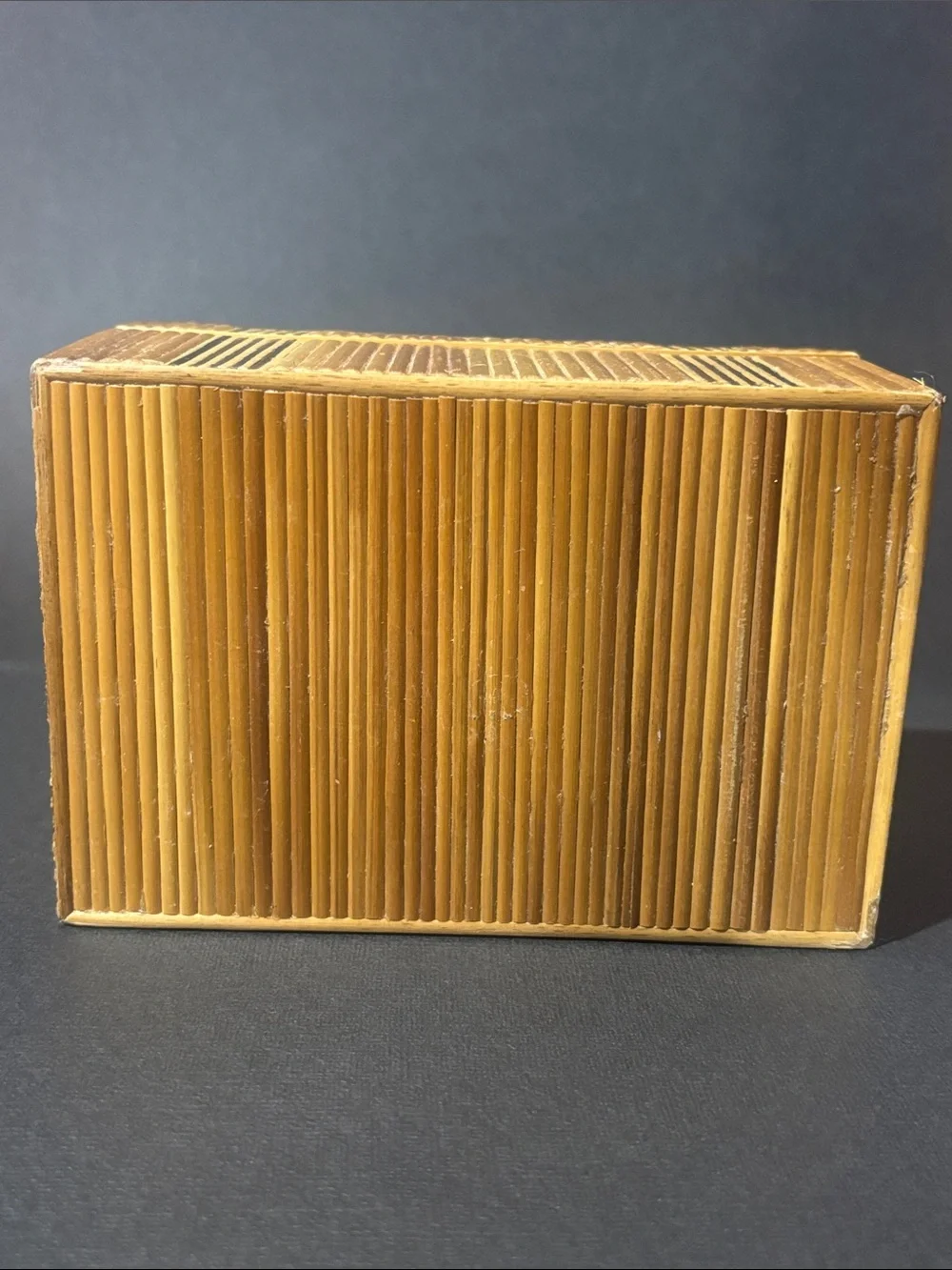 Vintage bamboo floral inlay trinket holder jewelry box velvet lined handmade